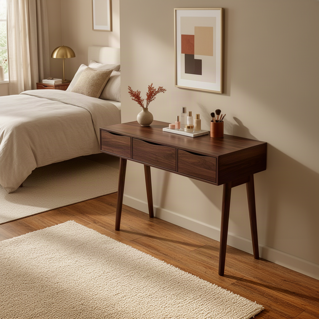 Mirello mid-century wood console table in walnut finish, a 3-drawer entryway table with tapered legs