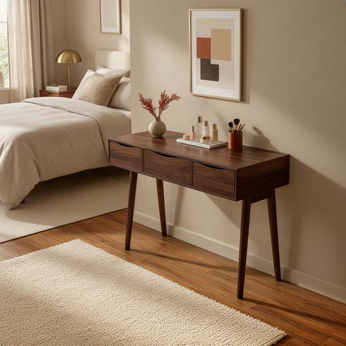 Mirello mid-century wood console table in walnut finish, a 3-drawer entryway table with tapered legs