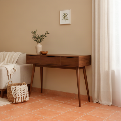 Mirello mid-century wood console table in brown finish with hardware-free drawers and slim splayed legs