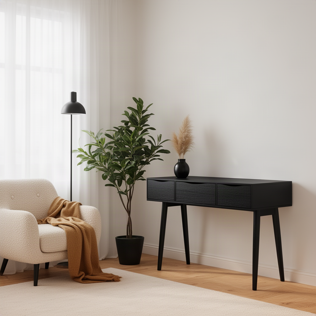 Mirello mid-century wood console table in black finish with three drawers in a light modern living room
