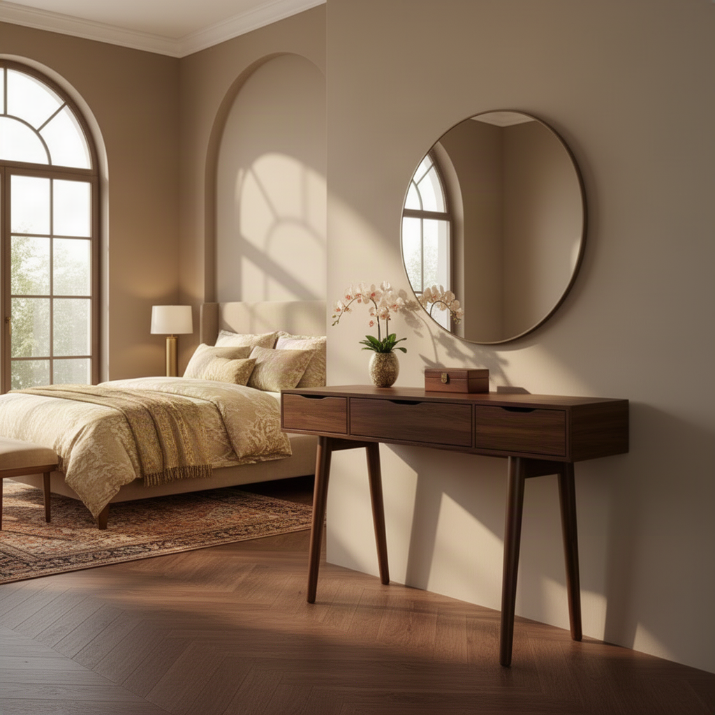 Mirello wood console table in a dark finish used as a bedroom dressing table under a round wall mirror
