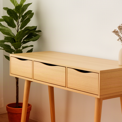 Close-up of the Mirello oak console table showing curved cutout drawer pulls and smooth natural wood grain