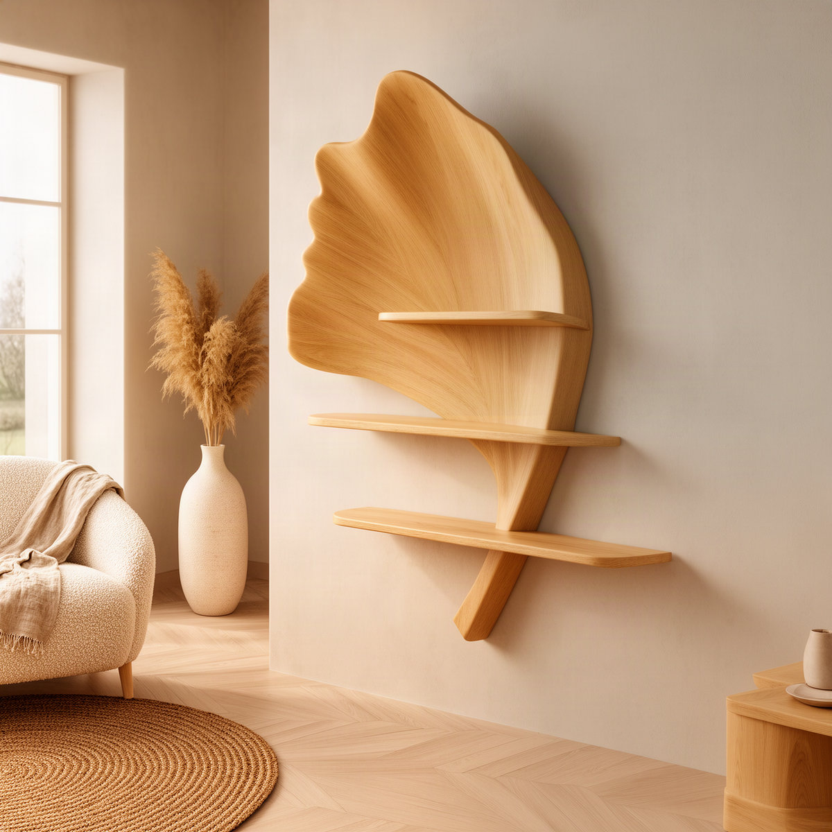 Folira sculptural wood wall shelf in oak shaped like a ginkgo leaf with three floating shelves in a living room