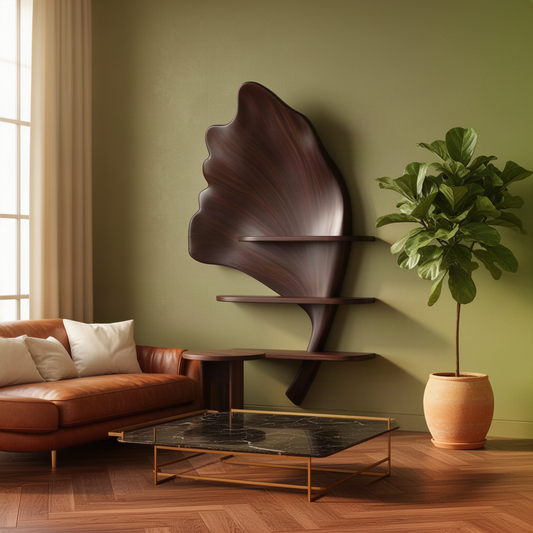 Folira sculptural wood wall shelf in walnut finish, a carved ginkgo leaf display shelf with a curved stem