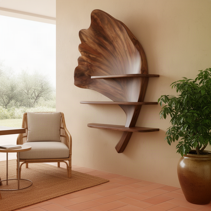 Folira sculptural wood wall shelf in brown finish with a fanned ribbed leaf and three staggered shelves