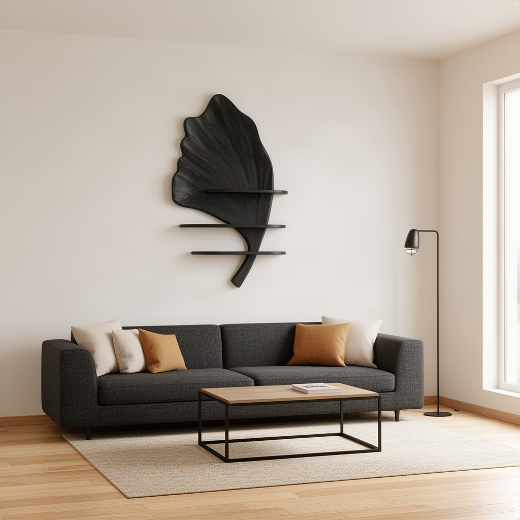 Folira sculptural wood wall shelf in black finish, a modern ginkgo leaf floating shelf and wall art piece