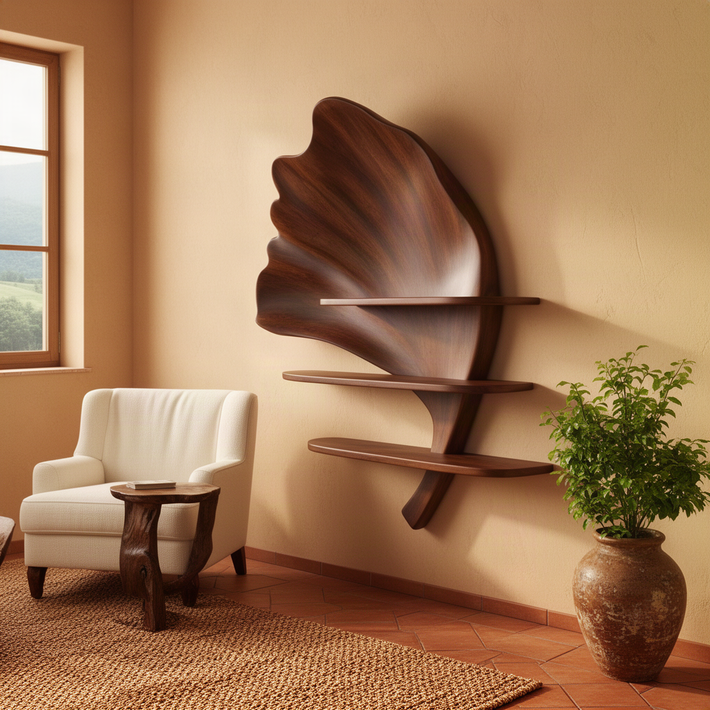 Folira ginkgo leaf wood wall shelf in a dark finish beside a cream armchair in a warm Mediterranean room
