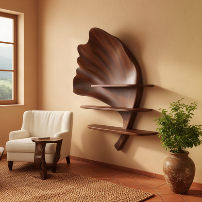 Folira ginkgo leaf wood wall shelf in a dark finish beside a cream armchair in a warm Mediterranean room