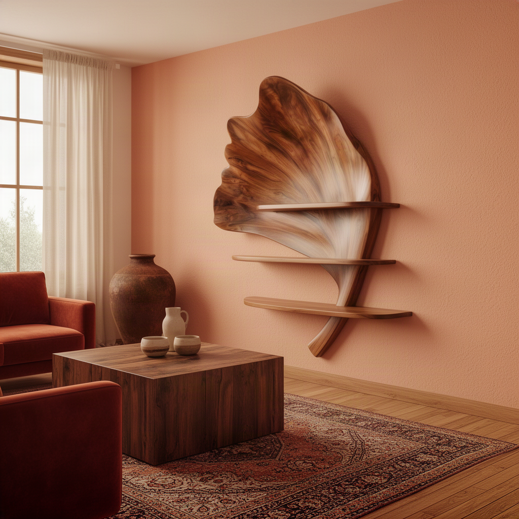 Folira sculptural leaf wall shelf in a dark wood finish above a block coffee table in a terracotta living room