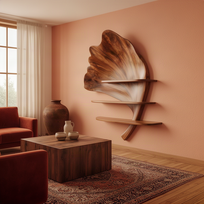 Folira sculptural leaf wall shelf in a dark wood finish above a block coffee table in a terracotta living room