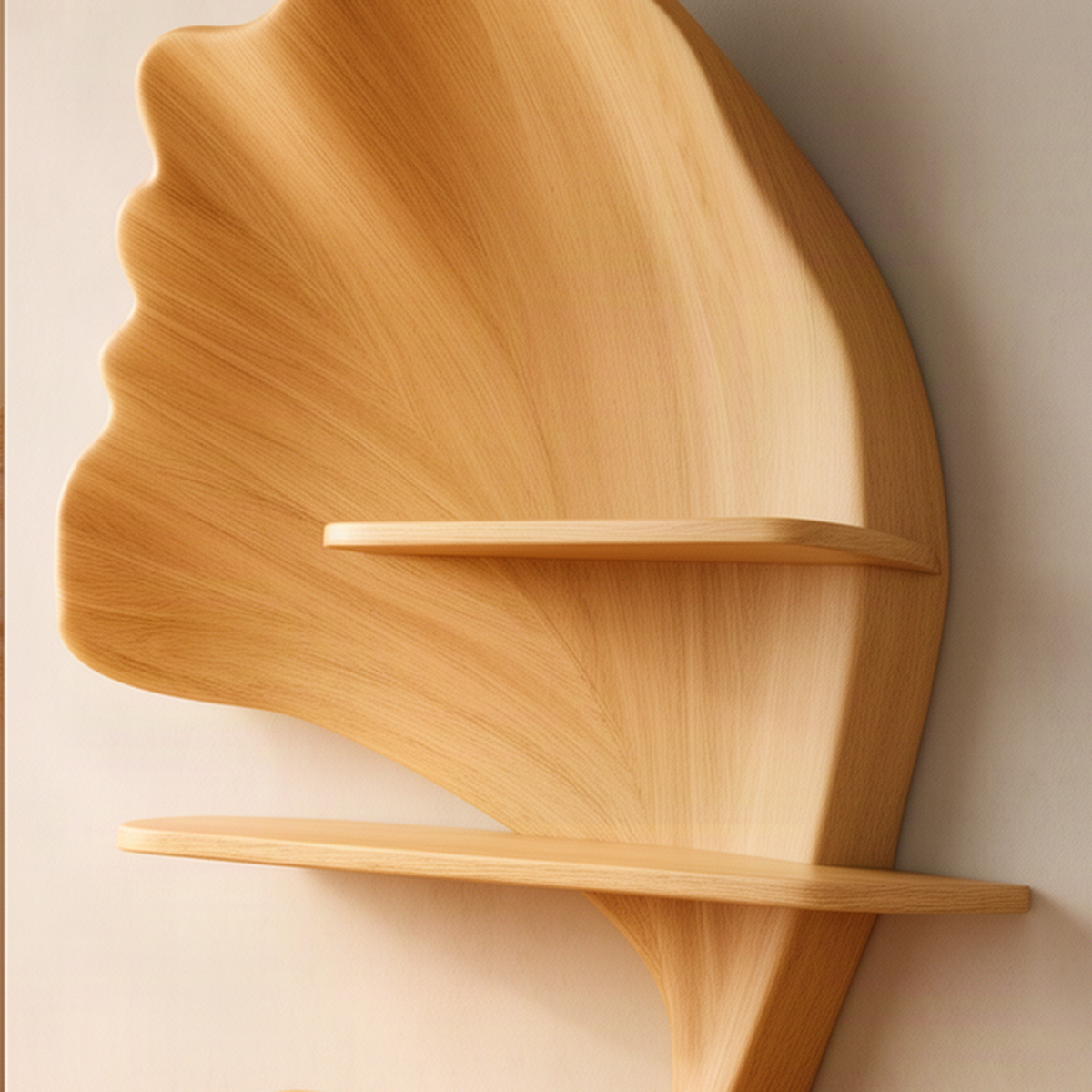 Close-up of the Folira oak wall shelf showing the ribbed ginkgo leaf carving, curved stem and slim shelves