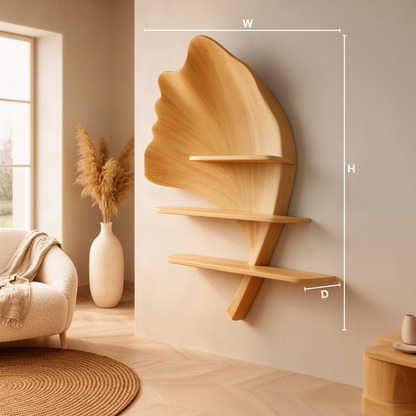 Folira sculptural wood wall shelf dimensions diagram showing width, height and depth for each size