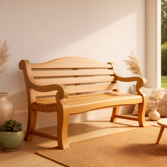 Brenlow classic wood bench in oak with slatted back, arched top rail and rolled scroll arms in a sunny room