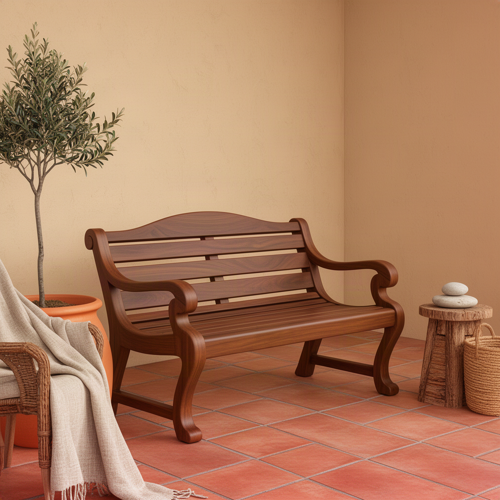 Brenlow classic wood bench in brown finish with scroll arms, slatted seat and sturdy lower stretchers