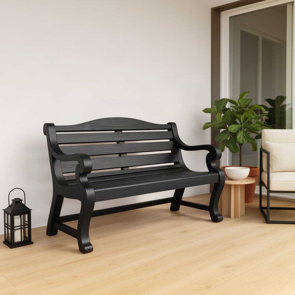 Brenlow classic wood bench in black finish, a traditional slatted bench with arched back and scroll arms
