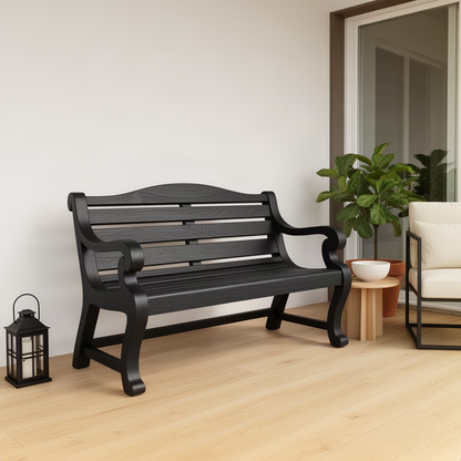 Brenlow classic wood bench in black finish, a traditional slatted bench with arched back and scroll arms