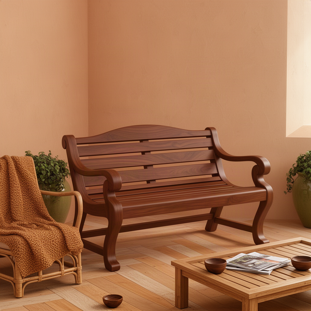 Brenlow slatted wood bench in a dark finish styled in a warm terracotta room with a rattan chair and table