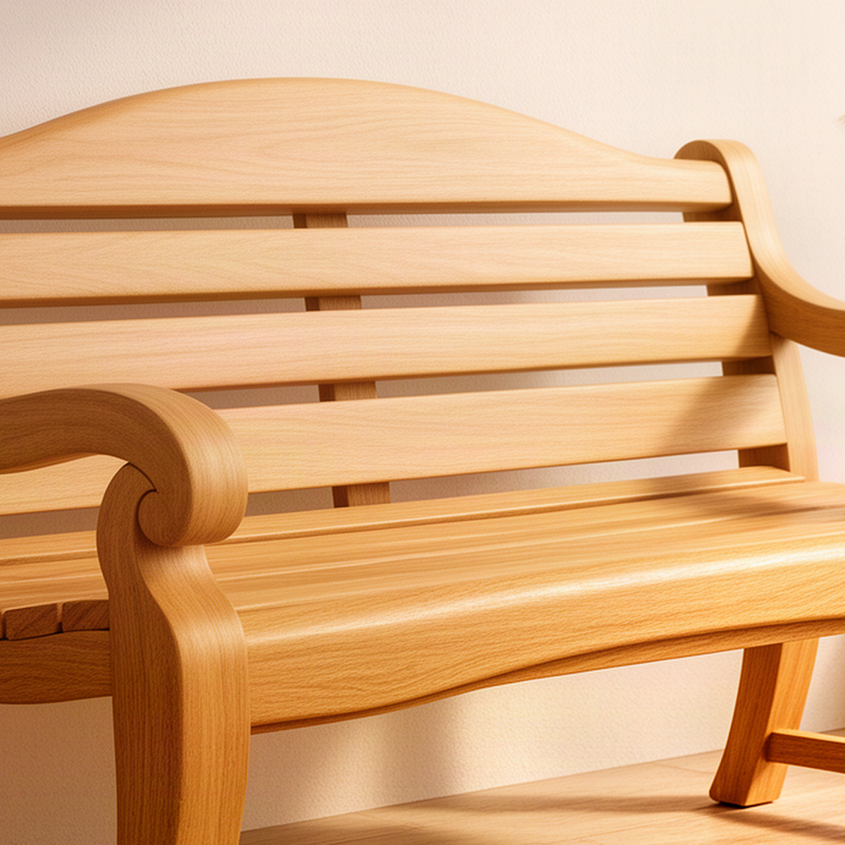 Close-up of the Brenlow oak bench showing the rolled scroll arm, arched top rail and smooth slatted seat