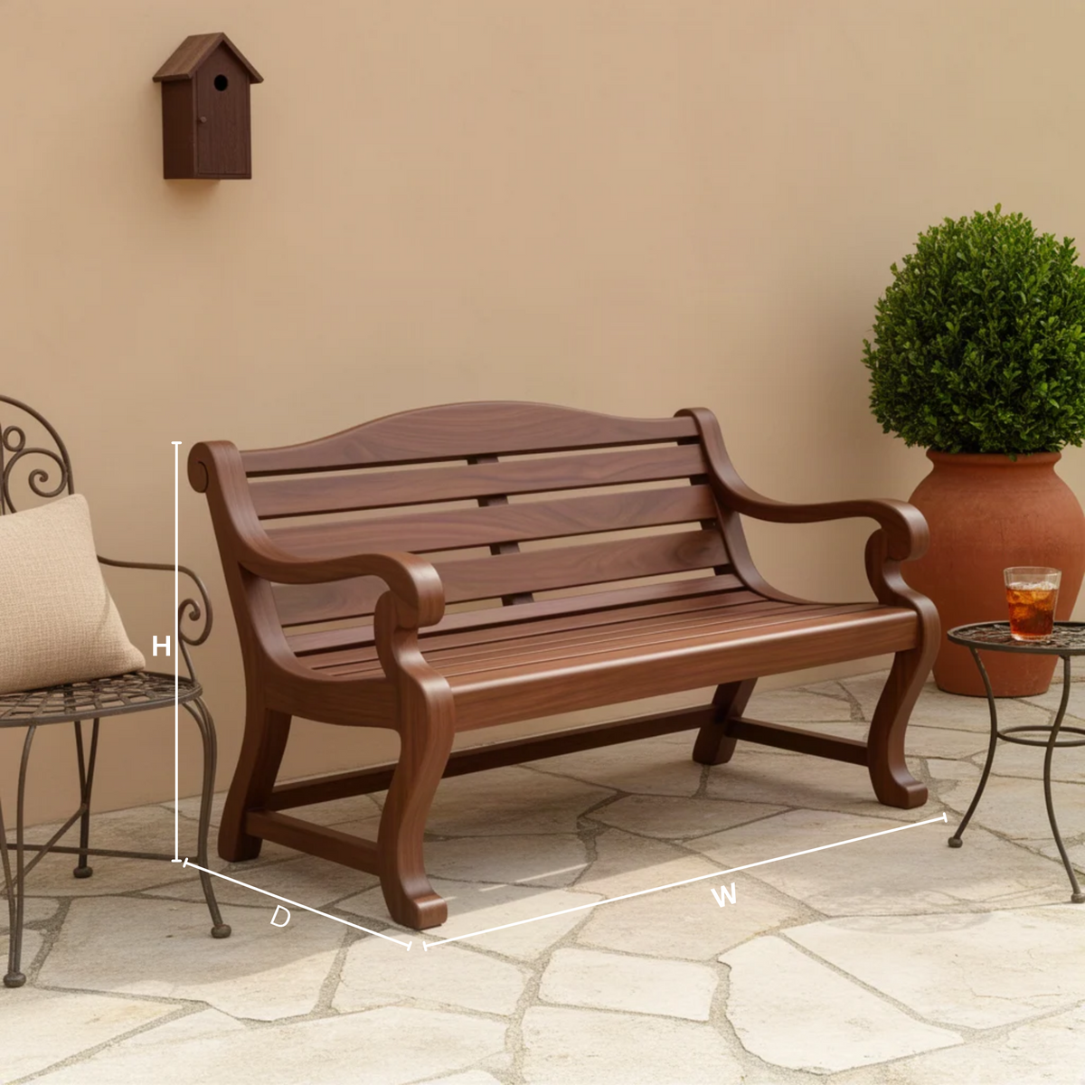 Brenlow classic wood bench dimensions diagram showing width, height and depth for each available size