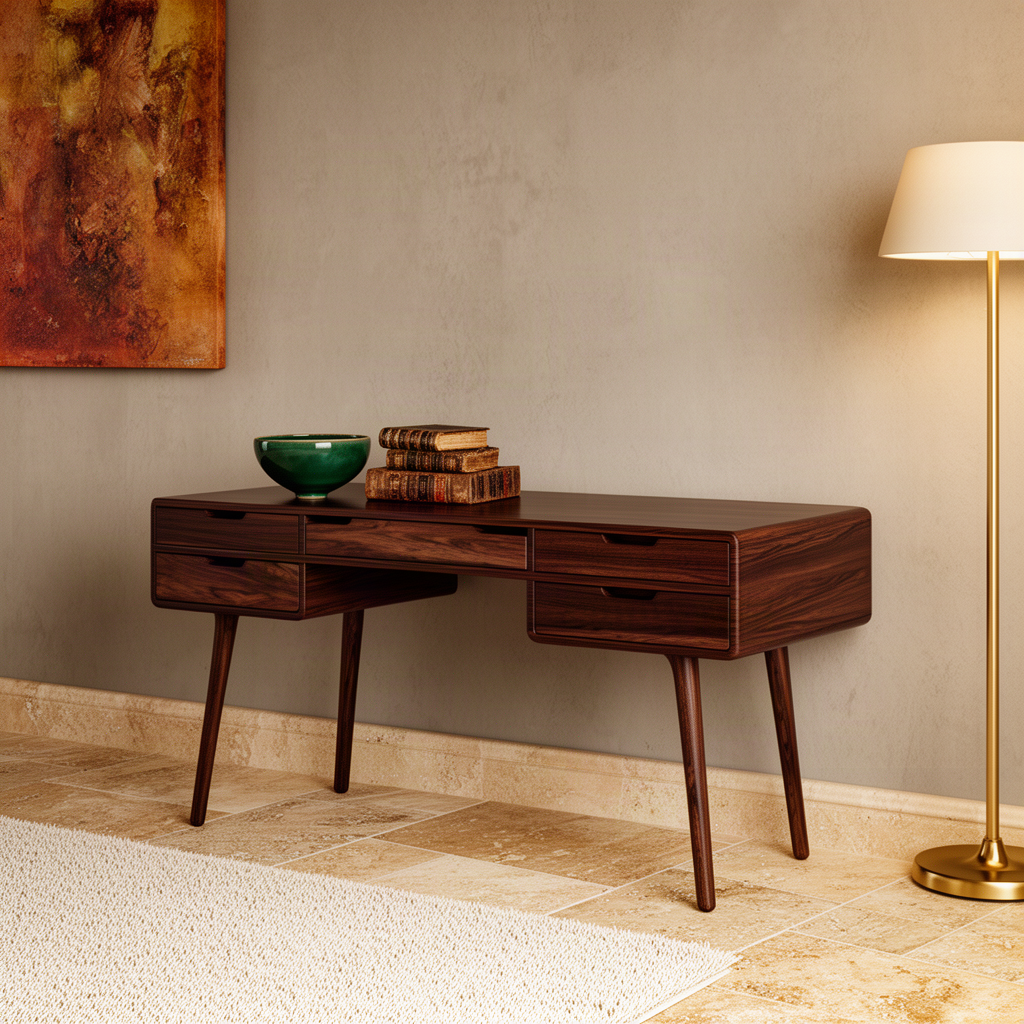 Lumera vanity desk in Walnut solid wood with five drawers and splayed tapered legs, a warm mid-century makeup table