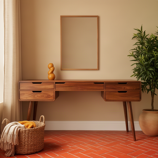 Lumera vanity desk in Brown solid wood with five handle-free drawers and open knee space for a dressing room