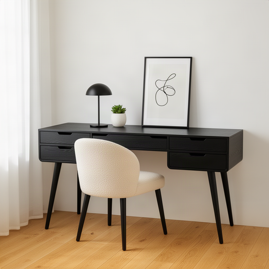 Lumera vanity desk in Black solid wood with five drawers and tapered legs, a modern minimalist dressing table