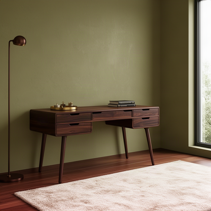 Lumera wood vanity desk in a dark finish styled as a writing desk in an olive green room with a floor lamp and rug