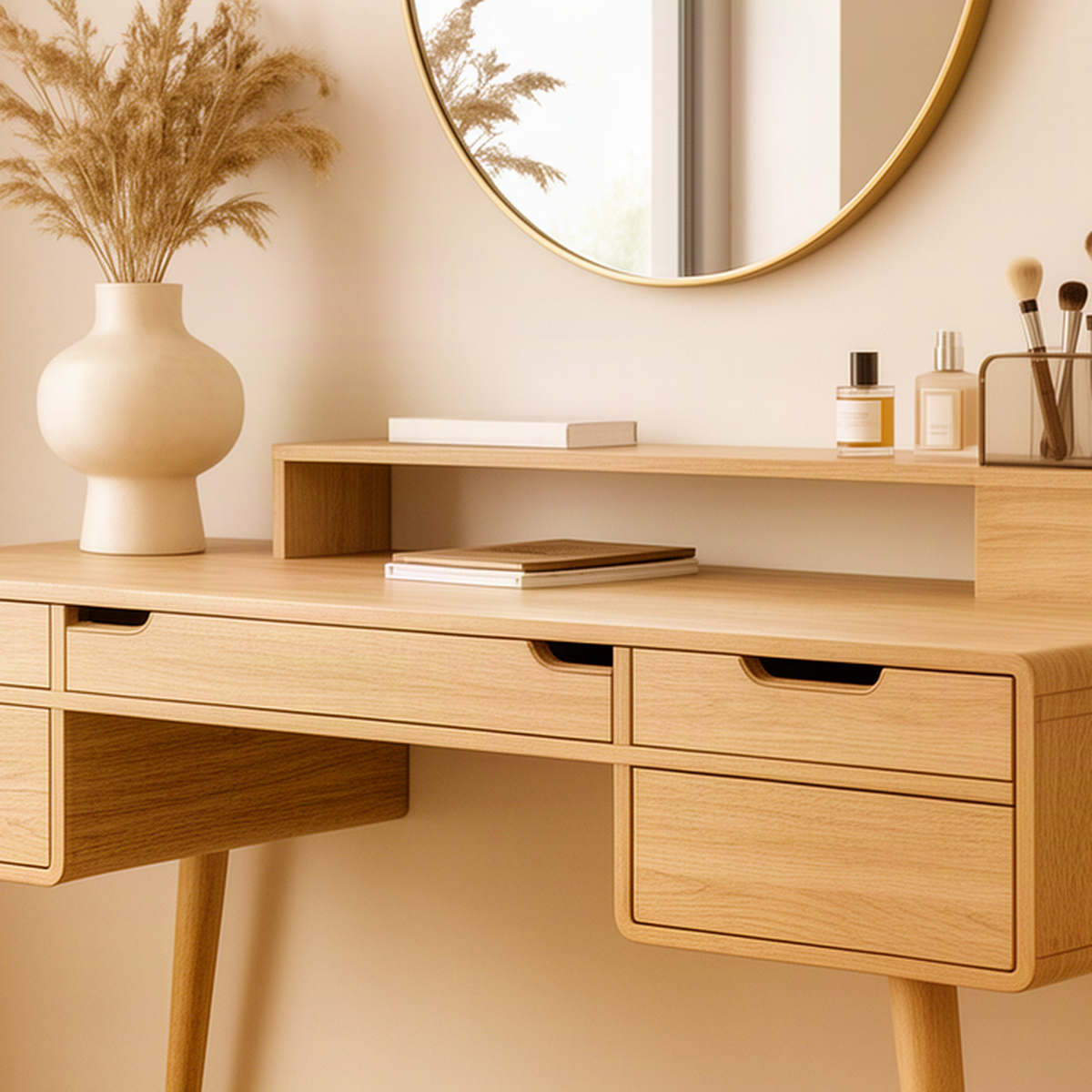 Close-up of the Lumera Oak vanity desk showing recessed finger-pull drawers, natural wood grain and a riser shelf