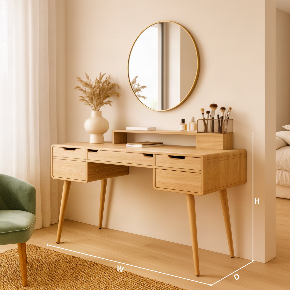 Lumera sculptural wood vanity desk dimension guide showing width, height and depth for choosing the right size