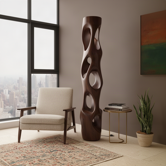 Ambera sculptural floor lamp in Walnut wood with flowing carved openings, standing in a modern city apartment corner