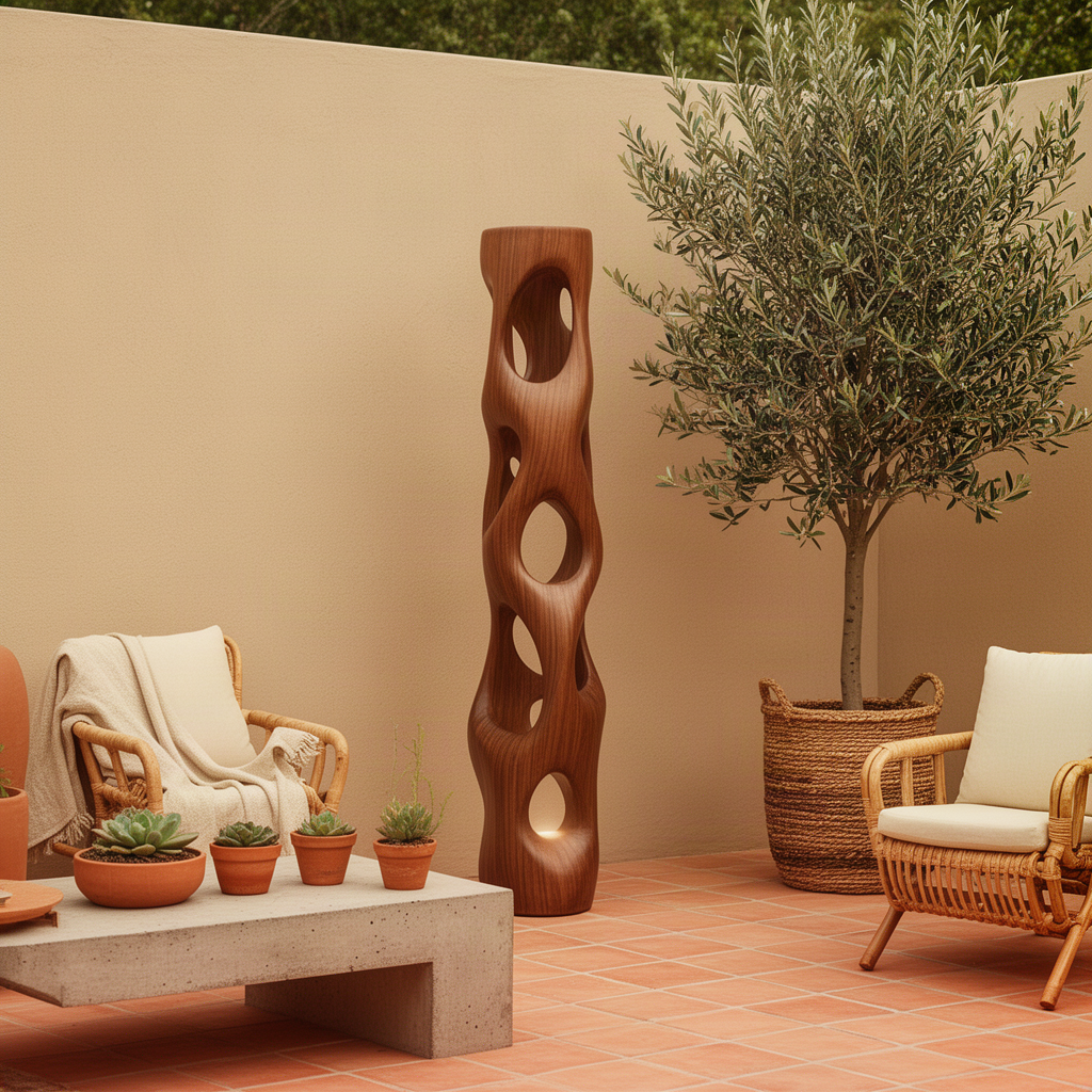 Ambera carved wood floor lamp in Brown finish with organic oval cut-outs, styled on a sunny terracotta patio