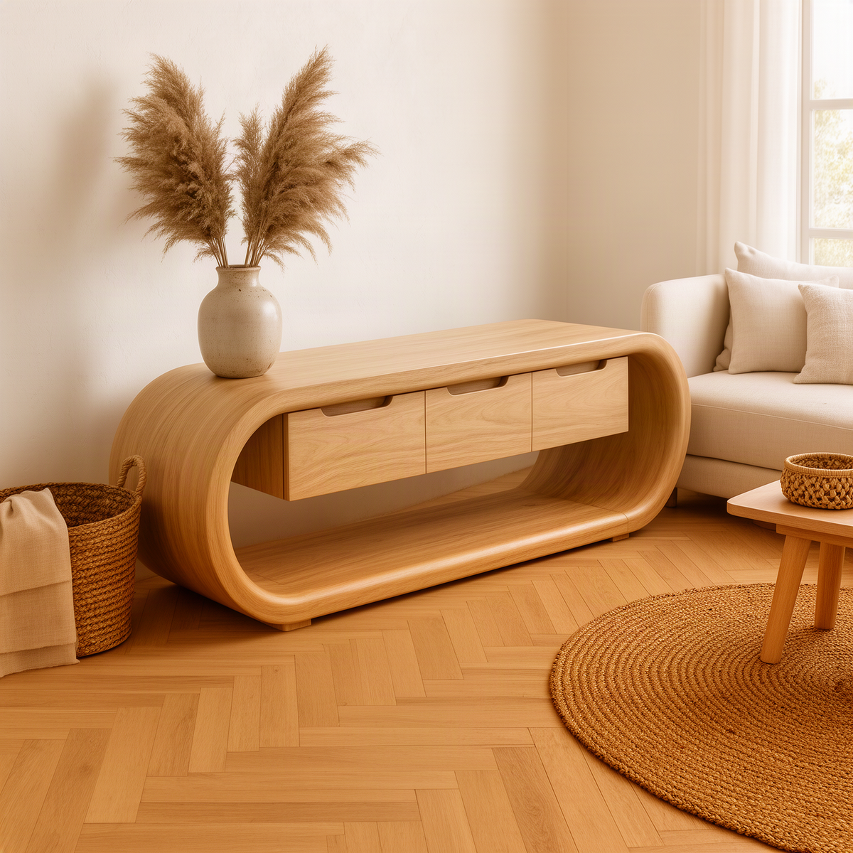 Ovalis TV stand in Oak solid wood, a rounded loop media console with three handle-free drawers and open lower shelf