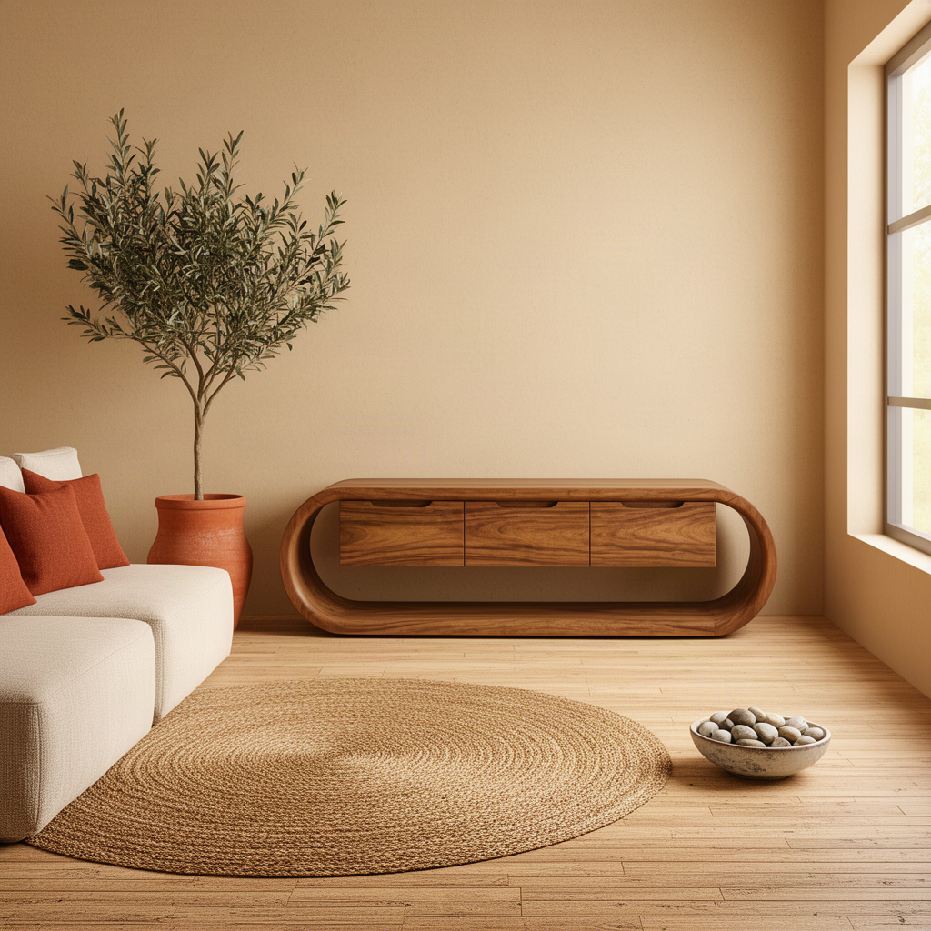 Ovalis rounded wood TV stand in Brown finish with three drawers inside a continuous curved frame for the living room