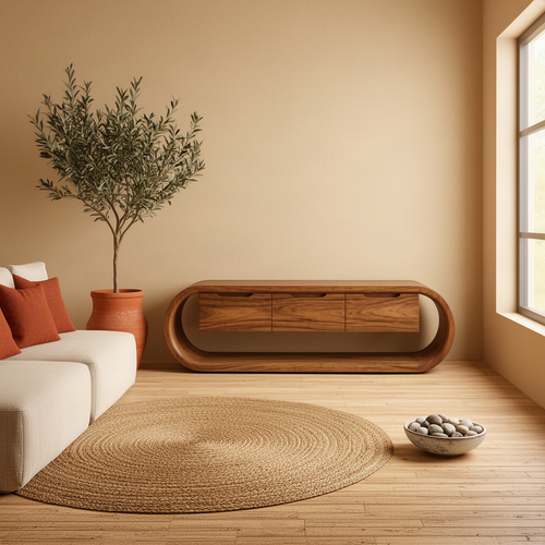 Ovalis rounded wood TV stand in Brown finish with three drawers inside a continuous curved frame for the living room