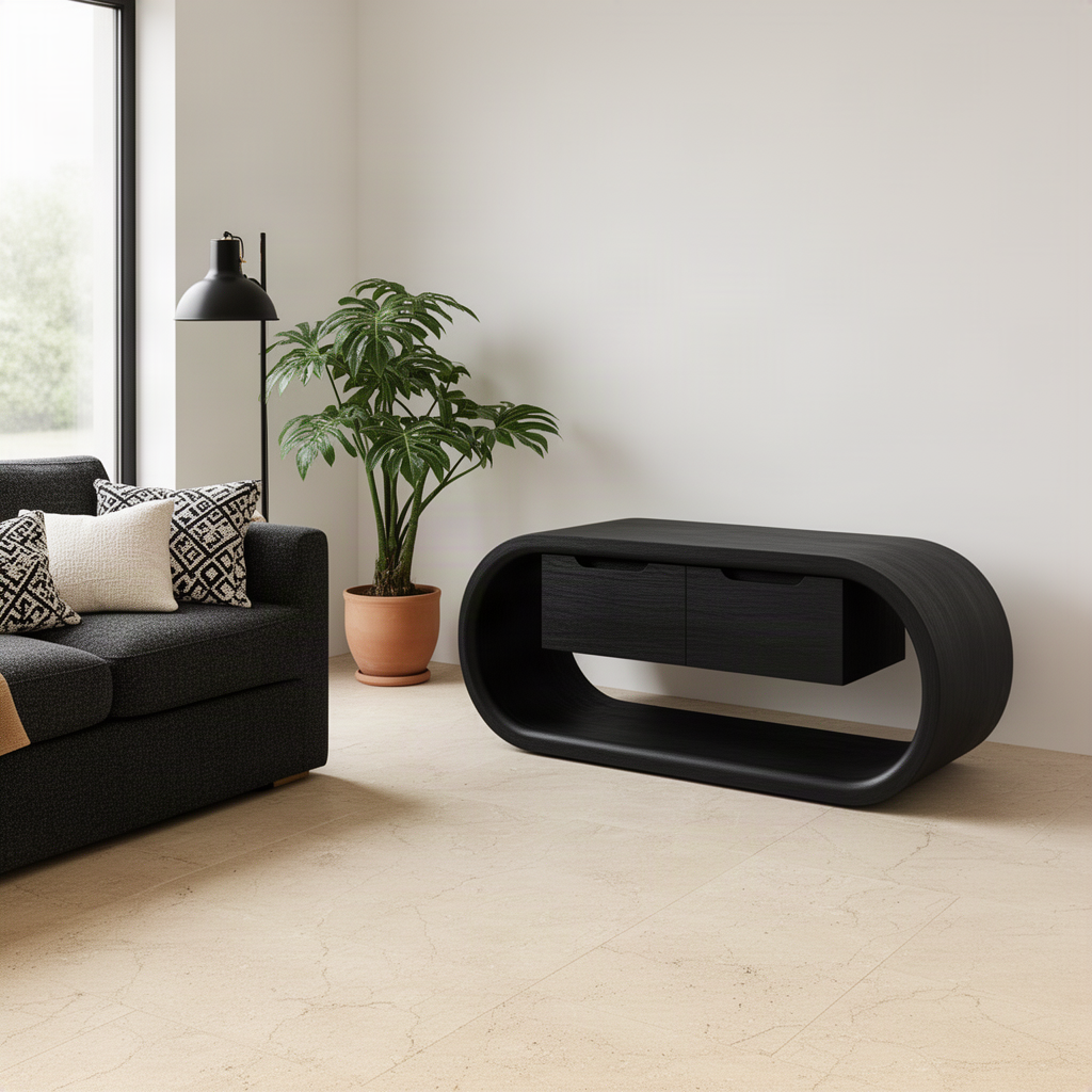 Ovalis sculptural TV stand in Black solid wood with a rounded loop frame and hidden drawers in a modern minimalist room