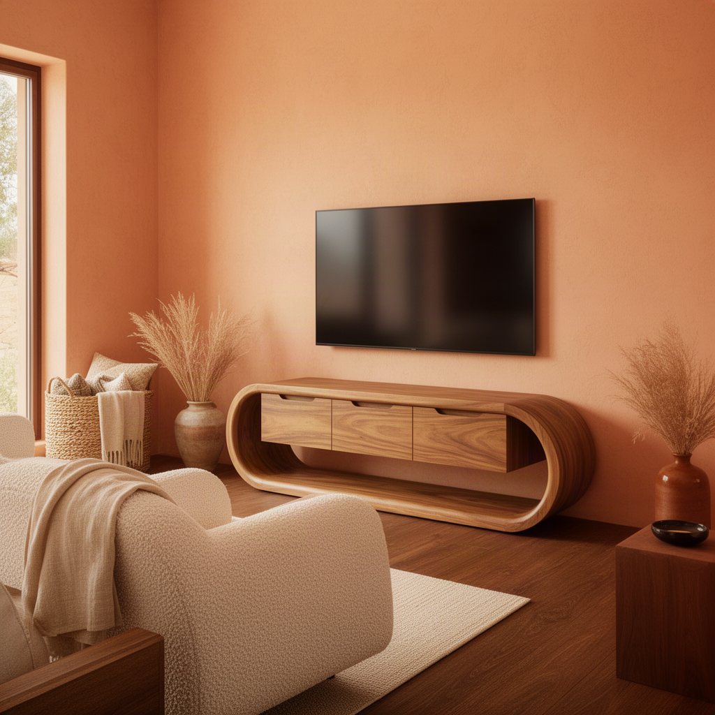 Ovalis wood TV stand in a warm terracotta living room under a wall-mounted TV, with three drawers and an open shelf