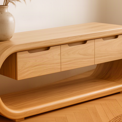 Close-up of the Ovalis Oak TV stand showing the curved loop frame, recessed finger-pull drawers and natural wood grain