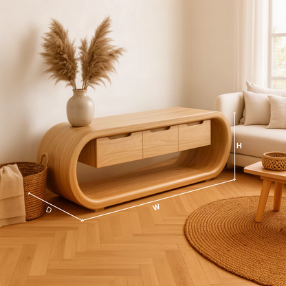 Ovalis sculptural wood TV stand dimension guide showing width, height and depth to choose the right size for your TV