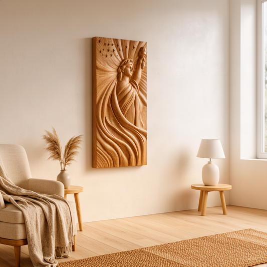 Libera wood wall art in Oak, a hand-carved Lady Liberty relief with torch, sunburst rays and flowing drapery