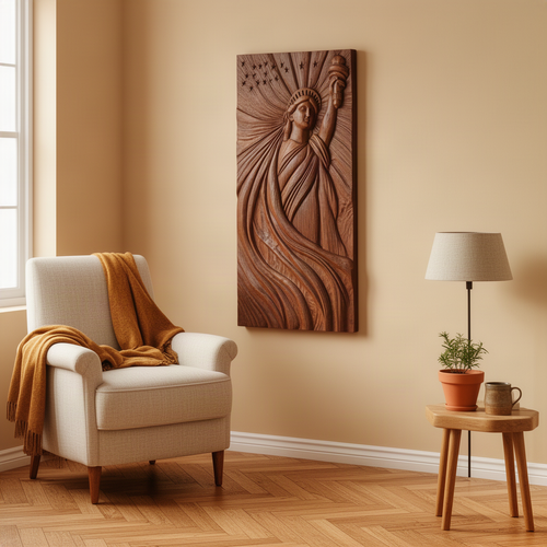Libera carved wood wall panel in Brown finish showing Lady Liberty raising her torch above wave-like drapery