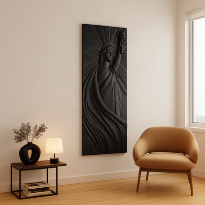 Libera sculptural wood wall art in Black, a tall Lady Liberty relief panel hung beside a leather accent chair