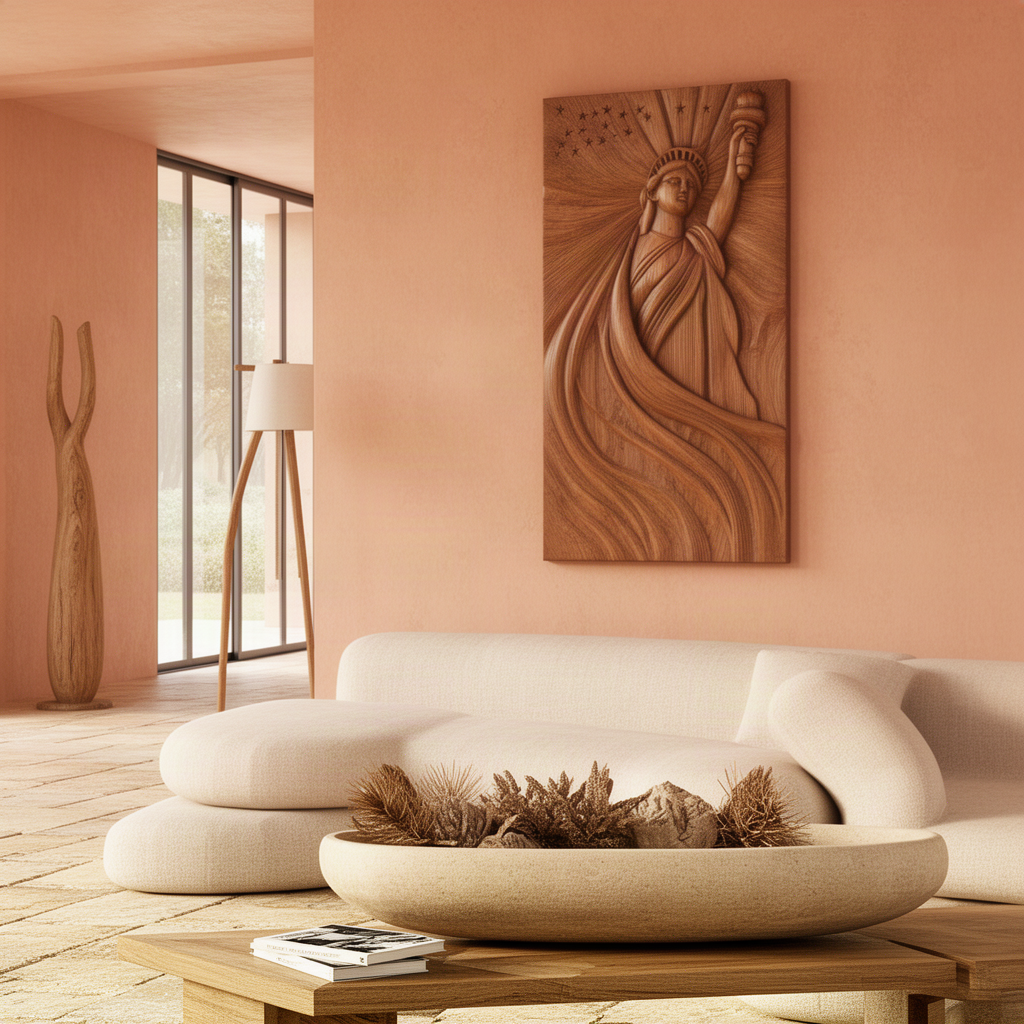Libera Lady Liberty wood relief hanging above a curved sofa in a warm terracotta coastal modern living room