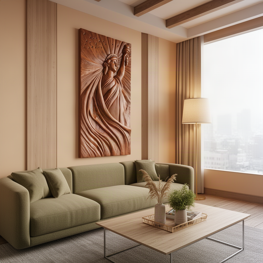 Libera carved wood wall art as a feature wall above an olive green sofa in a modern city apartment living room