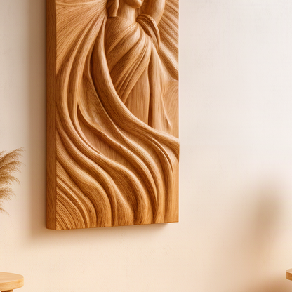 Close-up of the Libera Oak wall art showing hand-carved flowing drapery lines, panel depth and natural wood grain