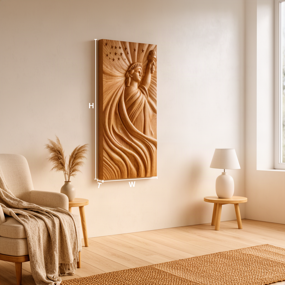 Libera sculptural wood wall art dimension guide showing height, width and thickness to choose the right size