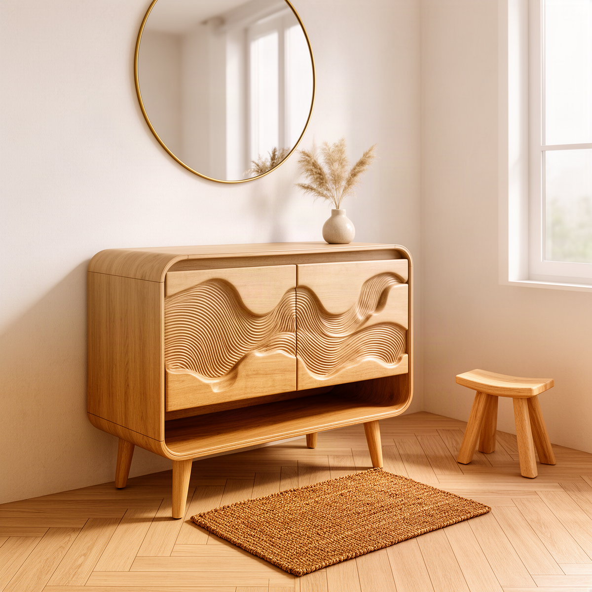Contoura bathroom vanity in Oak solid wood with hand-carved wave doors, open lower shelf and tapered legs