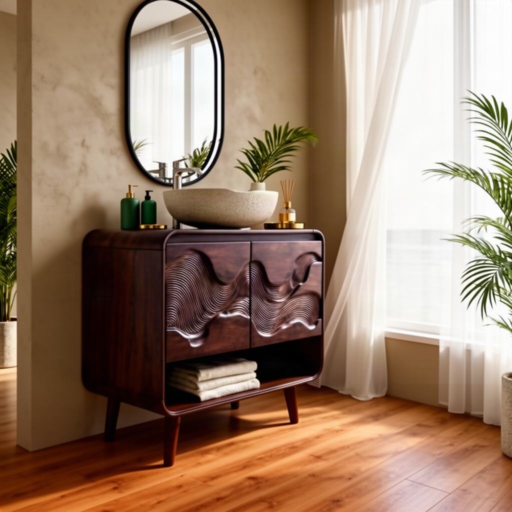 Contoura sculptural wood bathroom vanity in Walnut with layered wave carving on two doors and a rounded frame