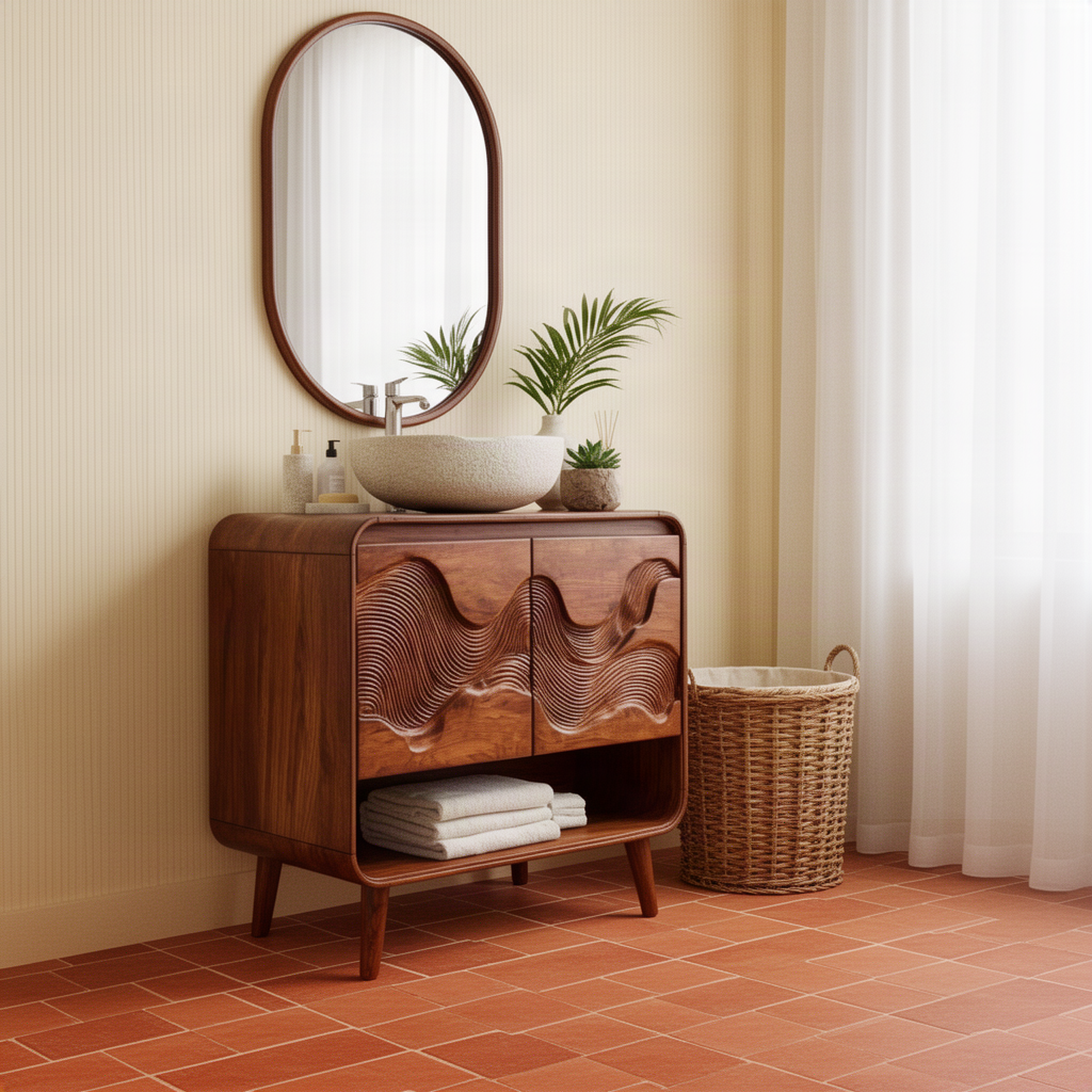 Contoura carved wood vanity cabinet in Brown finish with flowing contour doors and open shelf for towels