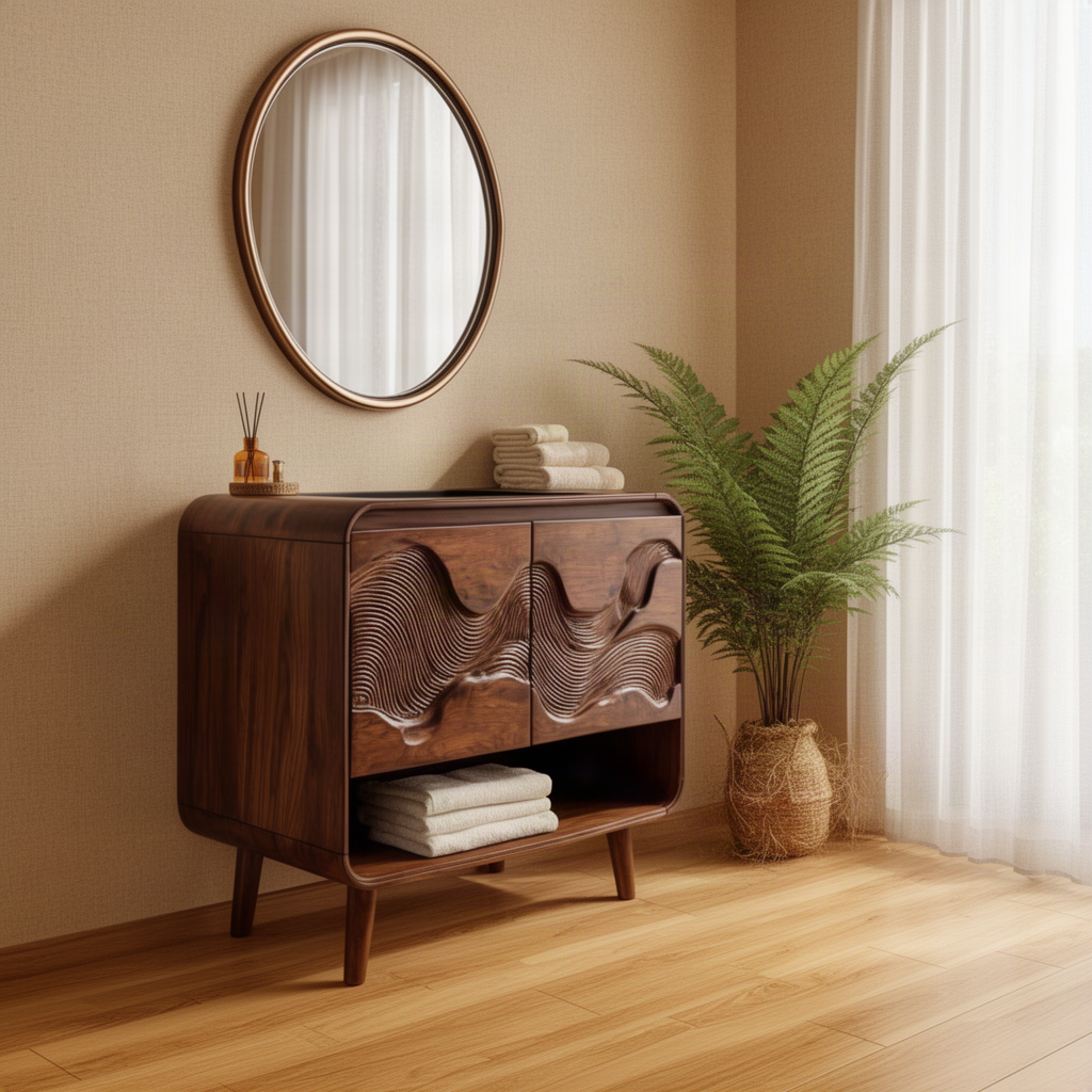 Contoura wood bathroom vanity in a dark finish with carved wave doors and folded towels on the open lower shelf