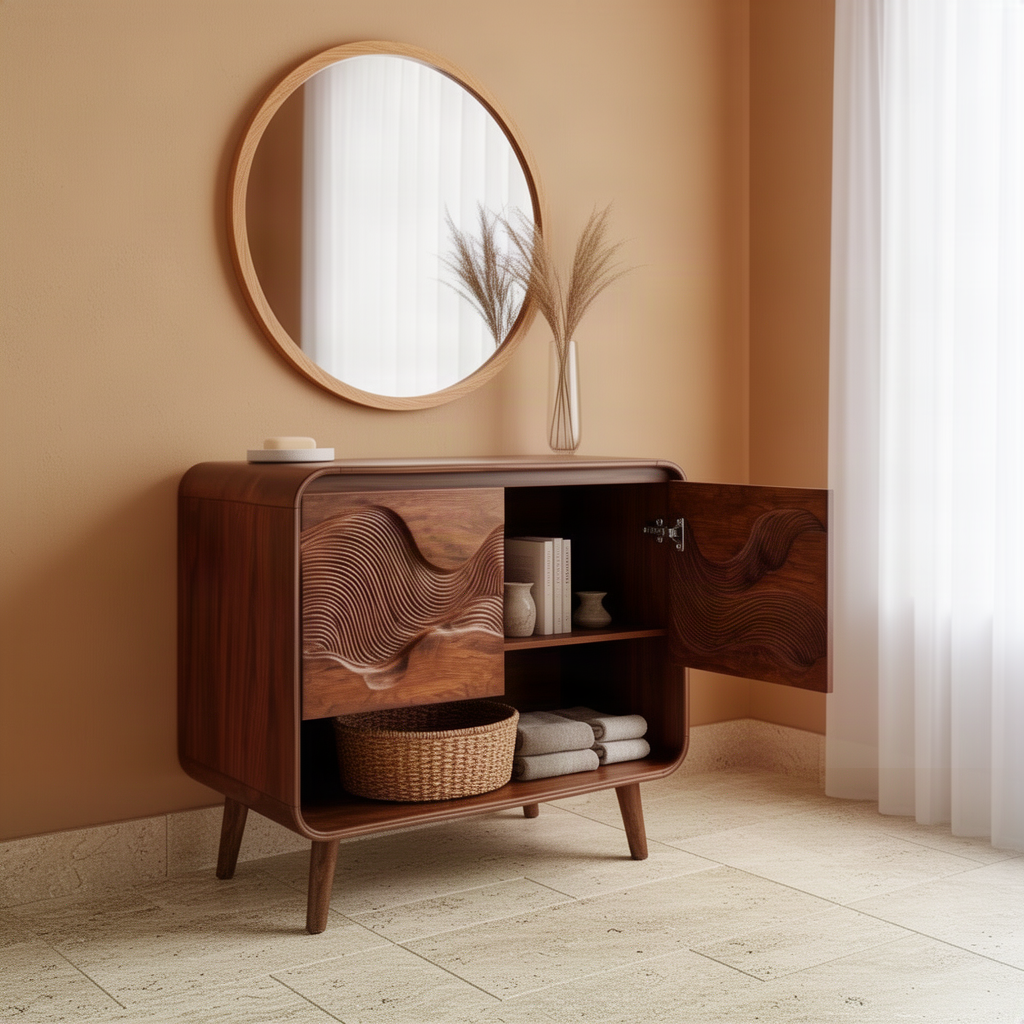 Contoura vanity with one carved door open to show inner shelf storage and a woven basket on the lower shelf